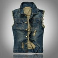 thumbnail image 2 of Wyobmus Denim Vest for Men Casual Loose Fit Sleeveless Trucker Jacket Vintage Casual Ripped Summer Jean Vest D-Dark Blue, 2 of 9