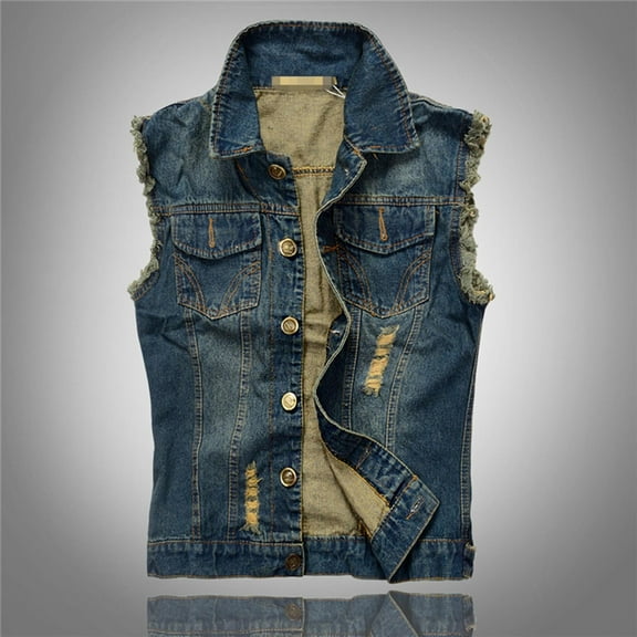 RKSTN Mens Denim Vests Retro Distressed Style Stylish Plus Size Solid Color Lapel Button Down Sleeveless Casual Versatile Slimming Jean Jacket Vest with Chest Pockets