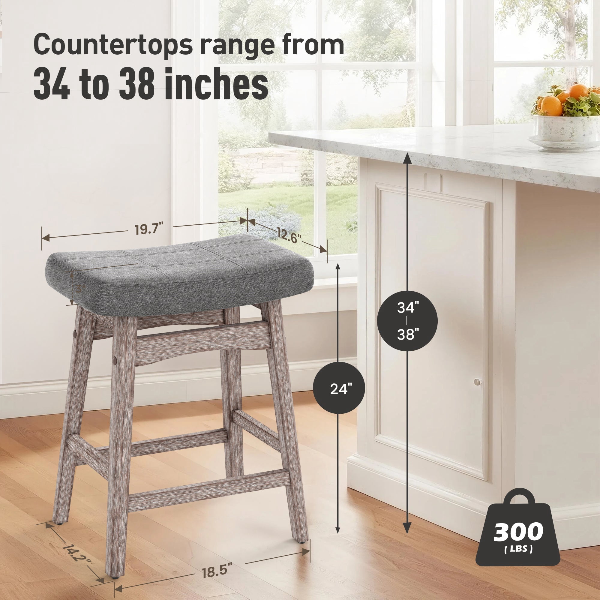MF Studio 24" Counter Height Bar Stool Set of 3, Upholstered Saddle Seat with Solid Wood Legs, Gray