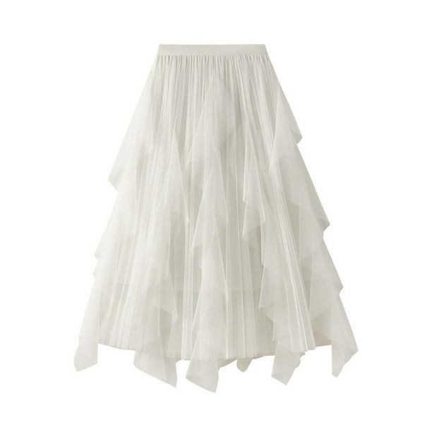 Falda de malla con volantes y cintura alta para mujer - Longitud media, plisada, corte A, elástica, para primavera/verano