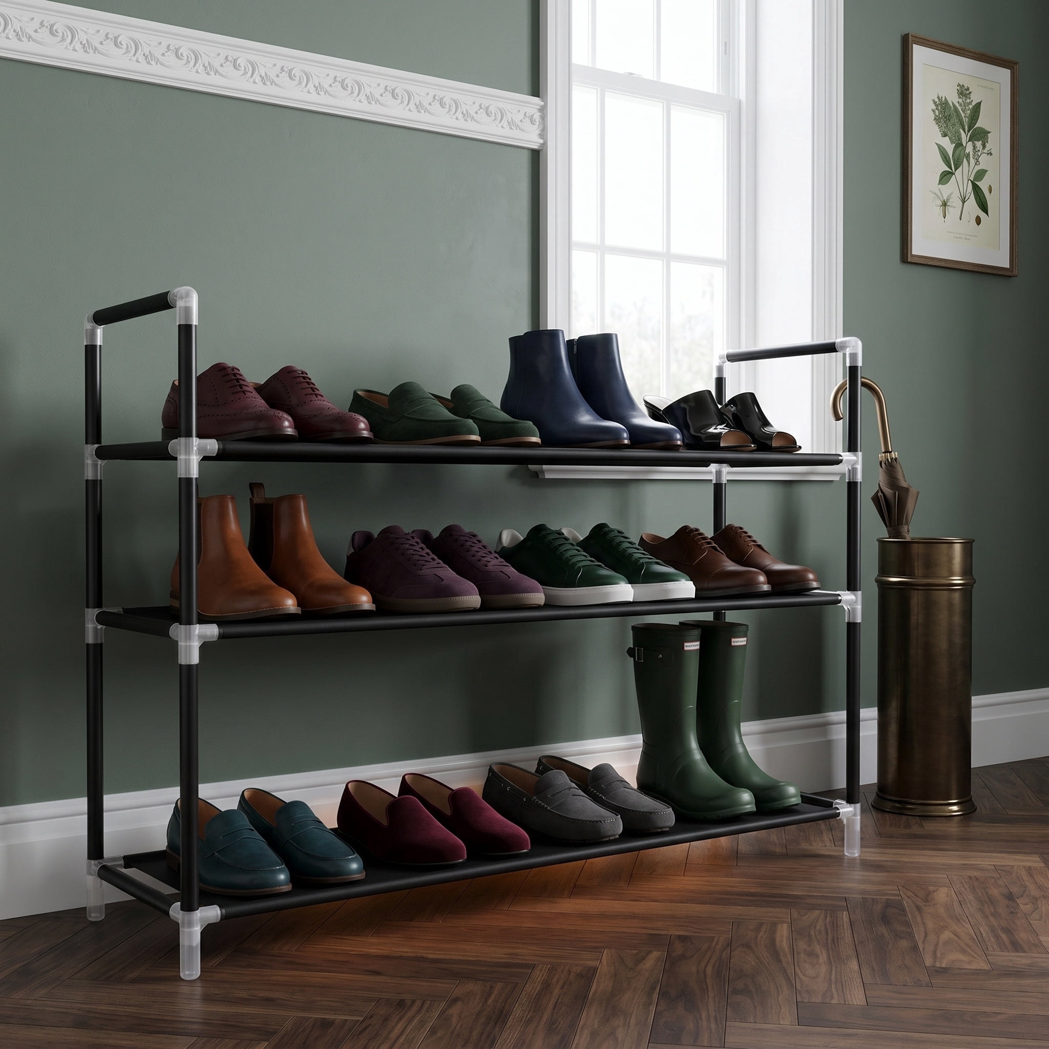 Nordic Hygge 3-Tier Slim Space-Saving Shoe Storage Organizer for Hallway, Closet, and Entryway, Durable Metal Frame with Non-Woven Fabric Shelves, Black