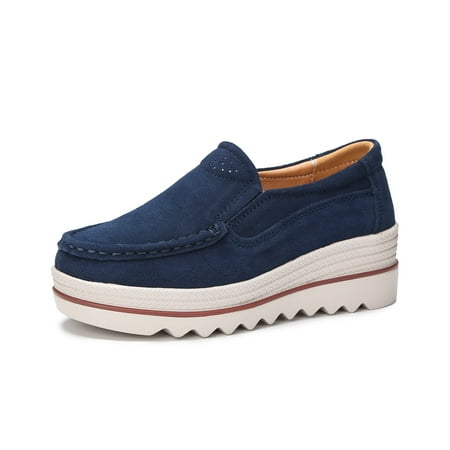 Ruiatoo Women Platform Loafers Slip On Comfort Suede Wedge Shoes Low Top Moccasins Deep Blue 36