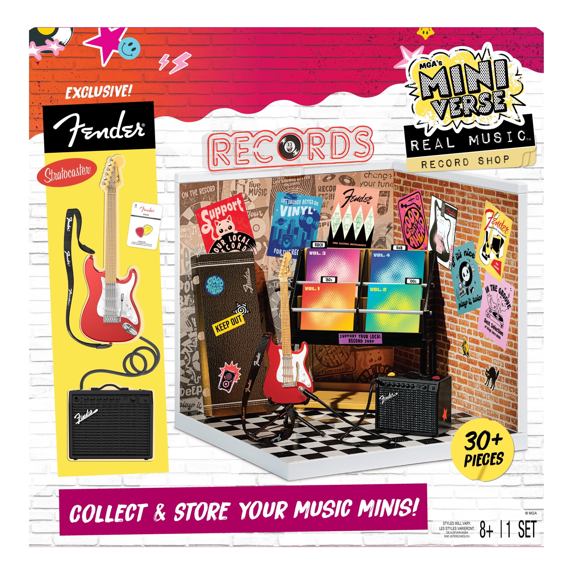 MGA's Miniverse Real Music Record Shop Deluxe Display Set, Licensed Fender Guitar & Accessories, Mini Record Store Furniture, Customizable Music Shop Scene, Mini Collectibles, Ages 8+