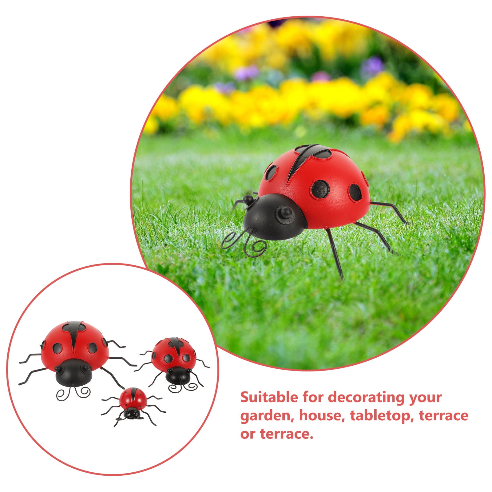 NUOLUX 3Pcs Simulation Red Ladybug Decor Iron Art for Garden and Terrace