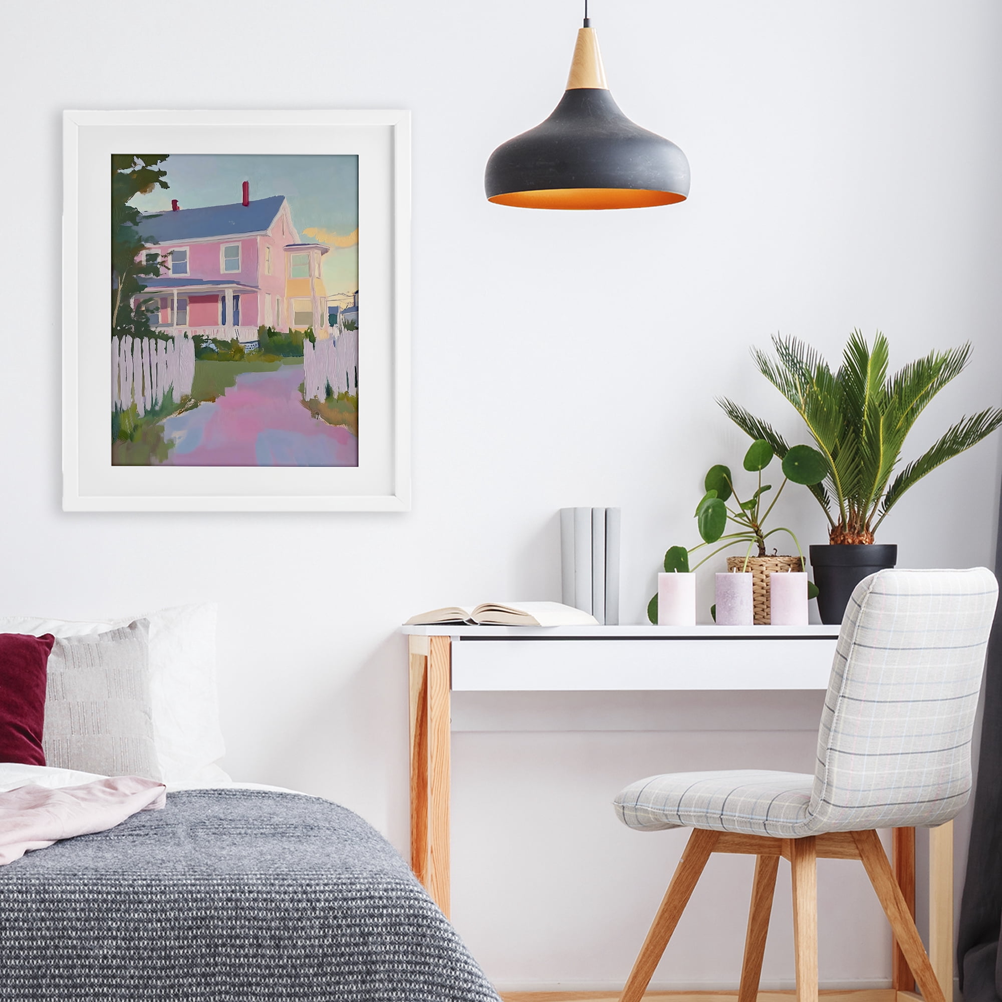 Stupell Industries Pastel Pink House with Fence White Framed Print Under Glass, design by The Prints Vibe