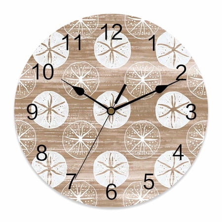 Wall Clock Summer Ocean Clocks PVC Silent Non-Ticking Battery Operated Decorative Brown Sand Marine Life Round Clock for Home Living Room Kitchen Bedroom Office School Wall Decor 10 Inch