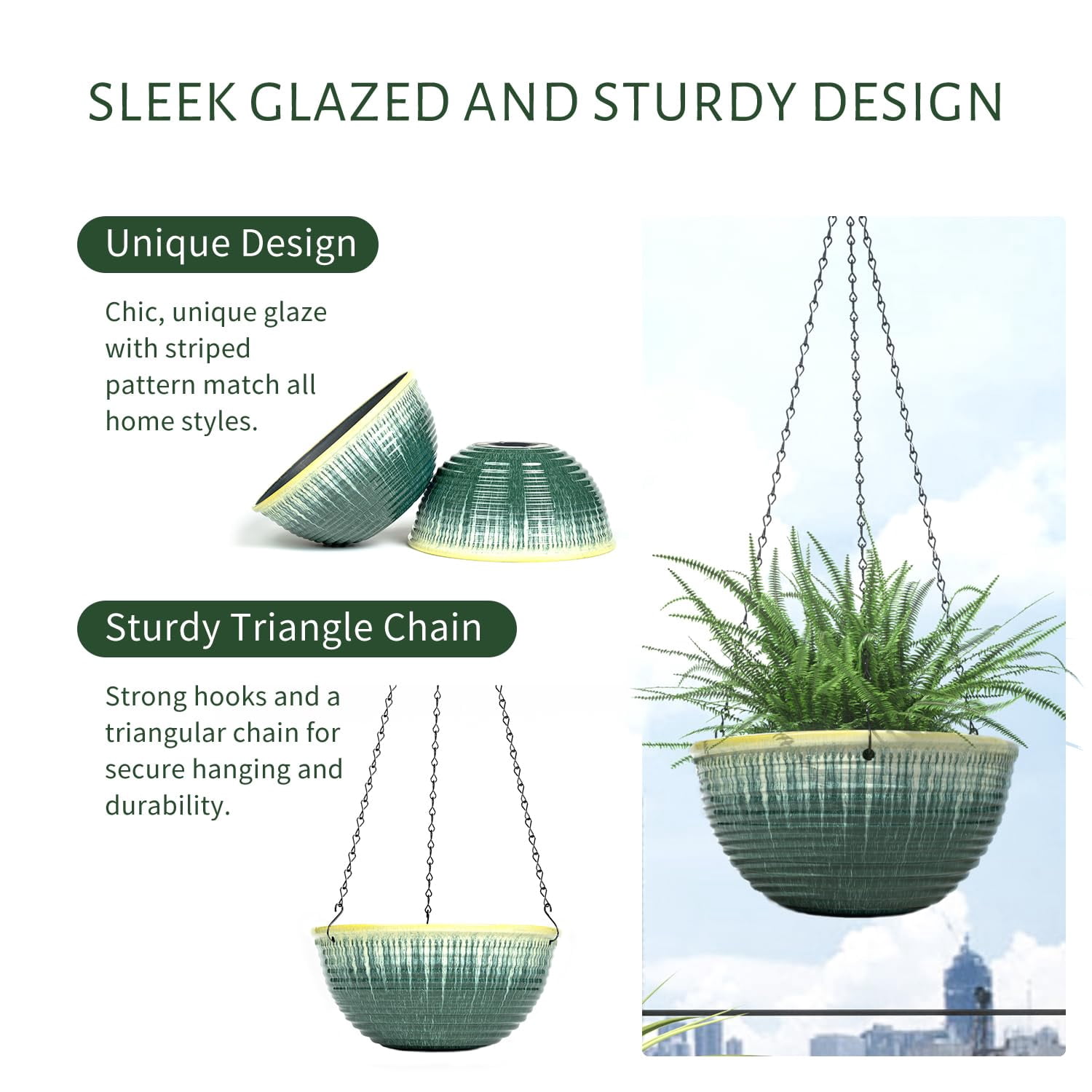 2 Pack Hanging Planters for Indoor Outdoor Plants, 10 Inch Hanging Planter with Drainage Hole & Plug Glazed Hanging Baskets Flower Pots for Garden Home (Green Glaze)