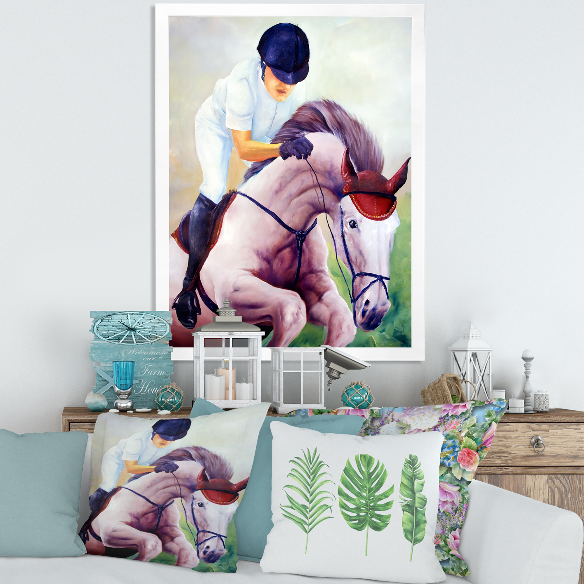 Designart 'Jockey On Galoping Pink Horse' Farmhouse Framed Art Print