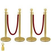 BENTISM Stainless Steel Crowd Control Stanchions And Velvet Ropes Ball Round Top Gold Pillar 2 Red Ropes 1.5m 4 Pack