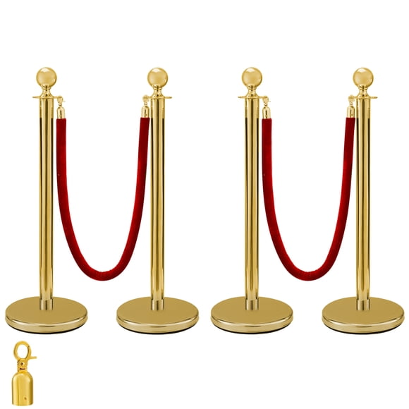 VEVOR 4Pcs Stainless Steel Stanchion Posts 2 Red Velvet Ropes Silver 38In Crowd Control Barrier With 5FT Rope and One More Hook For Theaters, Party, Wedding, Exhibition, Ticket Offices, Crowd Control