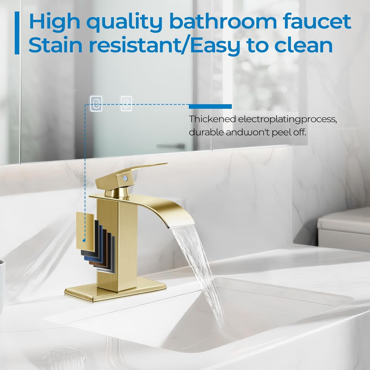 Brushed Gold Bathroom Faucets, Waterfall Bathroom Sink Faucet Modern Single Handle Bathroom Faucte 1 or 3 Hole, RV Mixer Tap Vanity Faucet - Includes Pop-up Drain Supply Hoses Deck Plate
