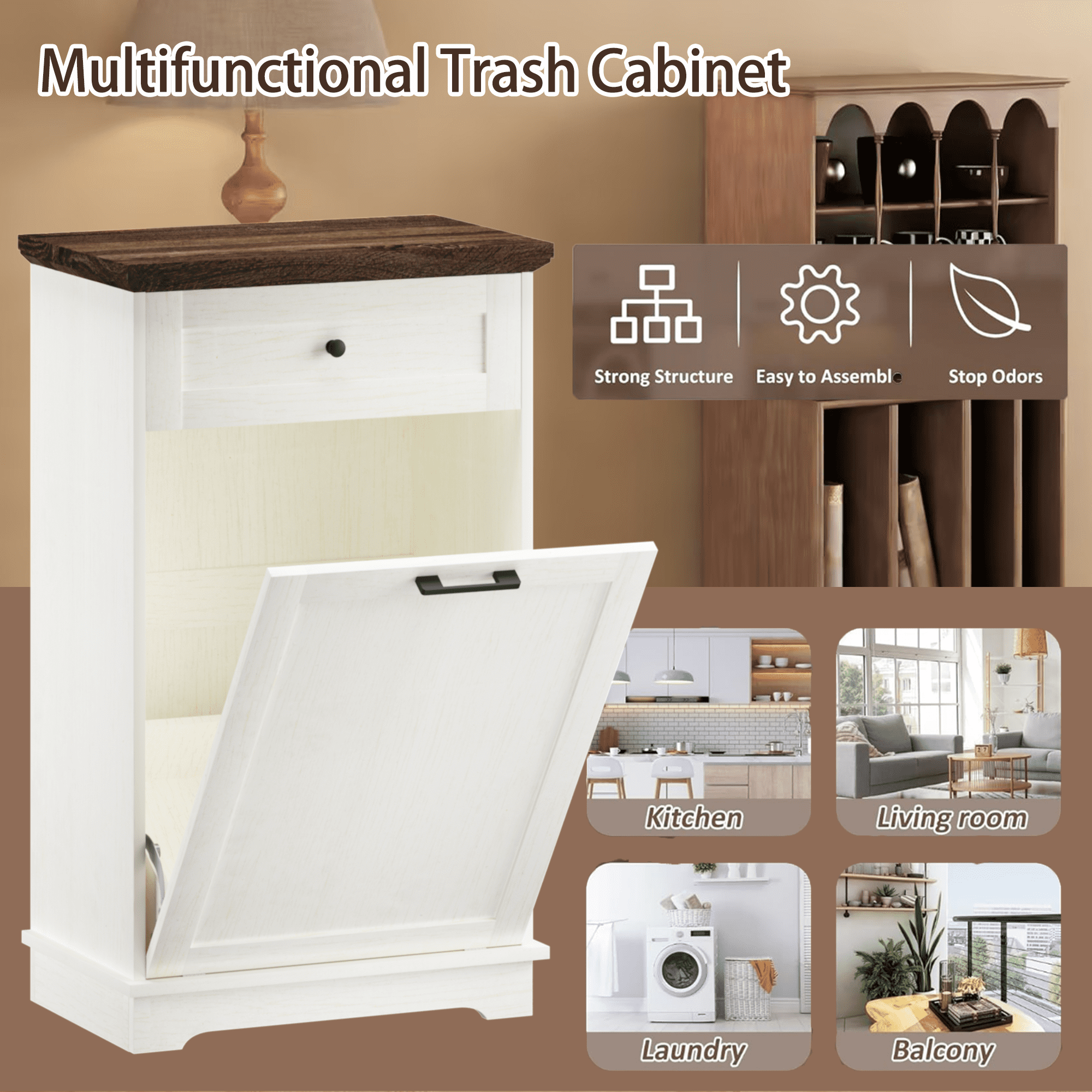 Leumius Tilt Out Trash Cabinet,10 Gallon Freestanding Trash Bin Cabinet with Drawer,Wood Garbage Recycling Cabinet for Kitchen Living Room,White