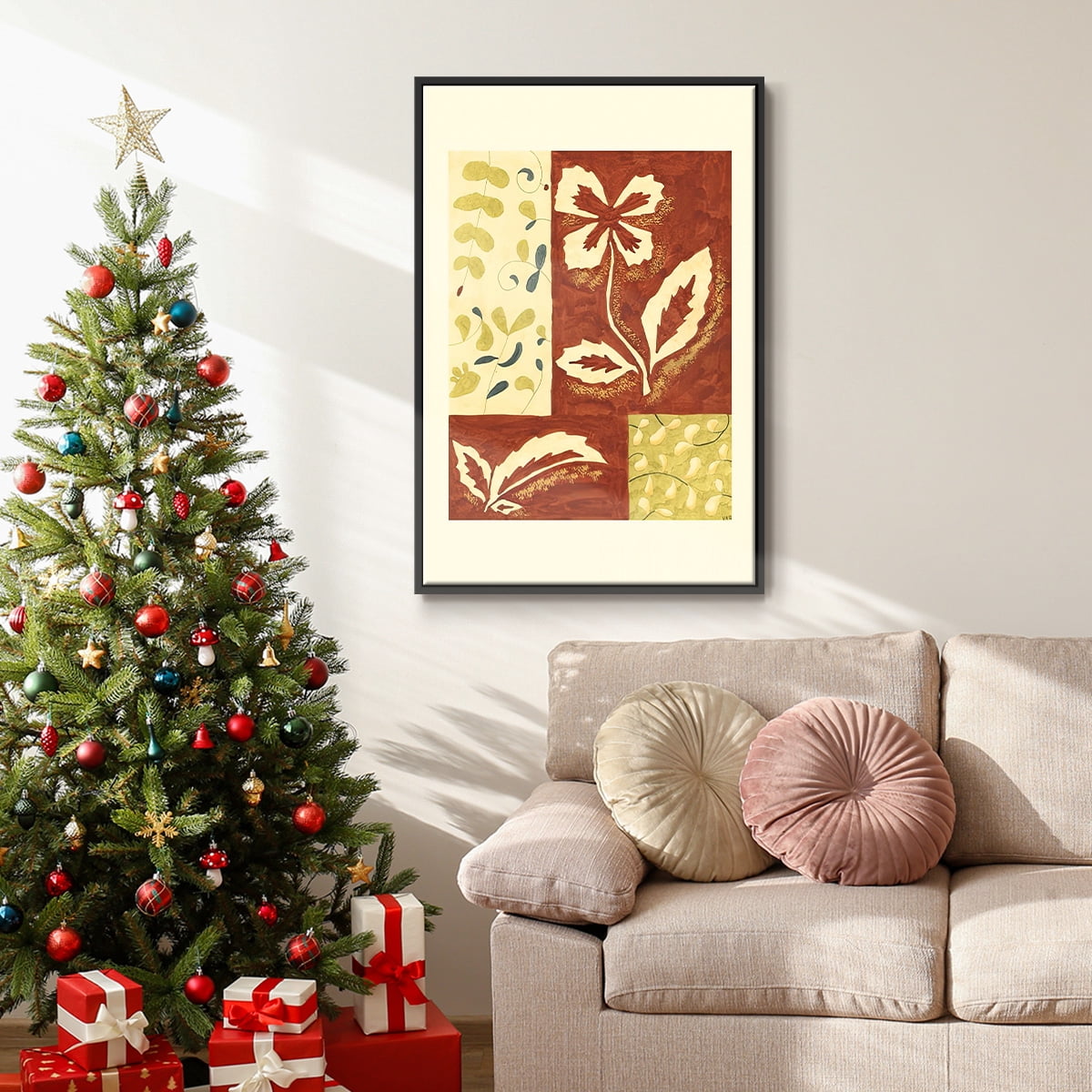 Festive Floral II - Framed Gallery Wrapped Holiday Canvas - 27 x 41 - Black Frame