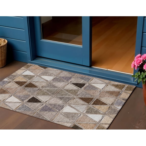 3' X 5' Brown Beige And Khaki Geometric Washable Indoor Outdoor Area Rug