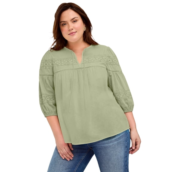 Ellos Plus Size Keyhole Neck Blouse With Crochet Trim