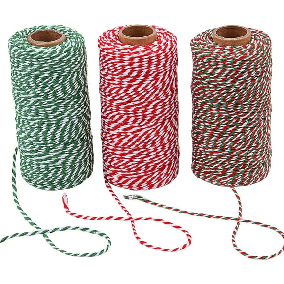 3 Roll Christmas Twine Cotton String Rope, Bakers Twine Wrapping Twisted String Cords for Xmas Baking DIY Crafts Gift Wrapping Ornaments Hanging Holiday Decoration, 328ft/100m Each