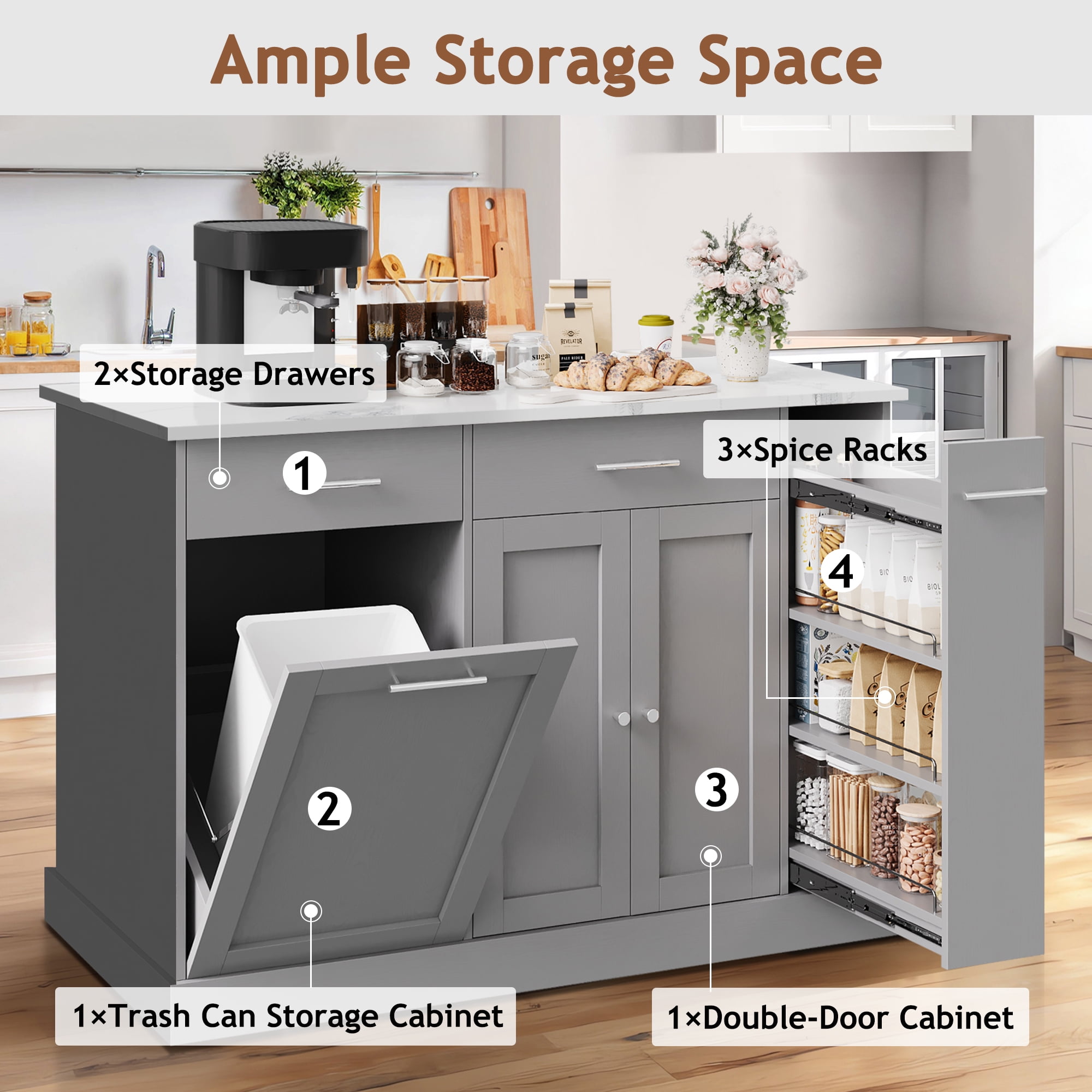 DreamCurship 52" Kitchen Island with Storage, Rolling Kitchen Cart Island with Wheels, Tilt Out Kitchen Trash Cabinet 10 Gallon Storage, 3 Large Spice Racks and 2 Drawers, Gray