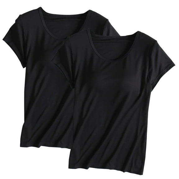 WMTBSRSW 2 Pack Sleep Shirts with Built in Bra for Women Comfy Short Sleeve Pajama Tops Modal Round Neck Solid Color Pajamas Tops Summer Comfy Undershirts