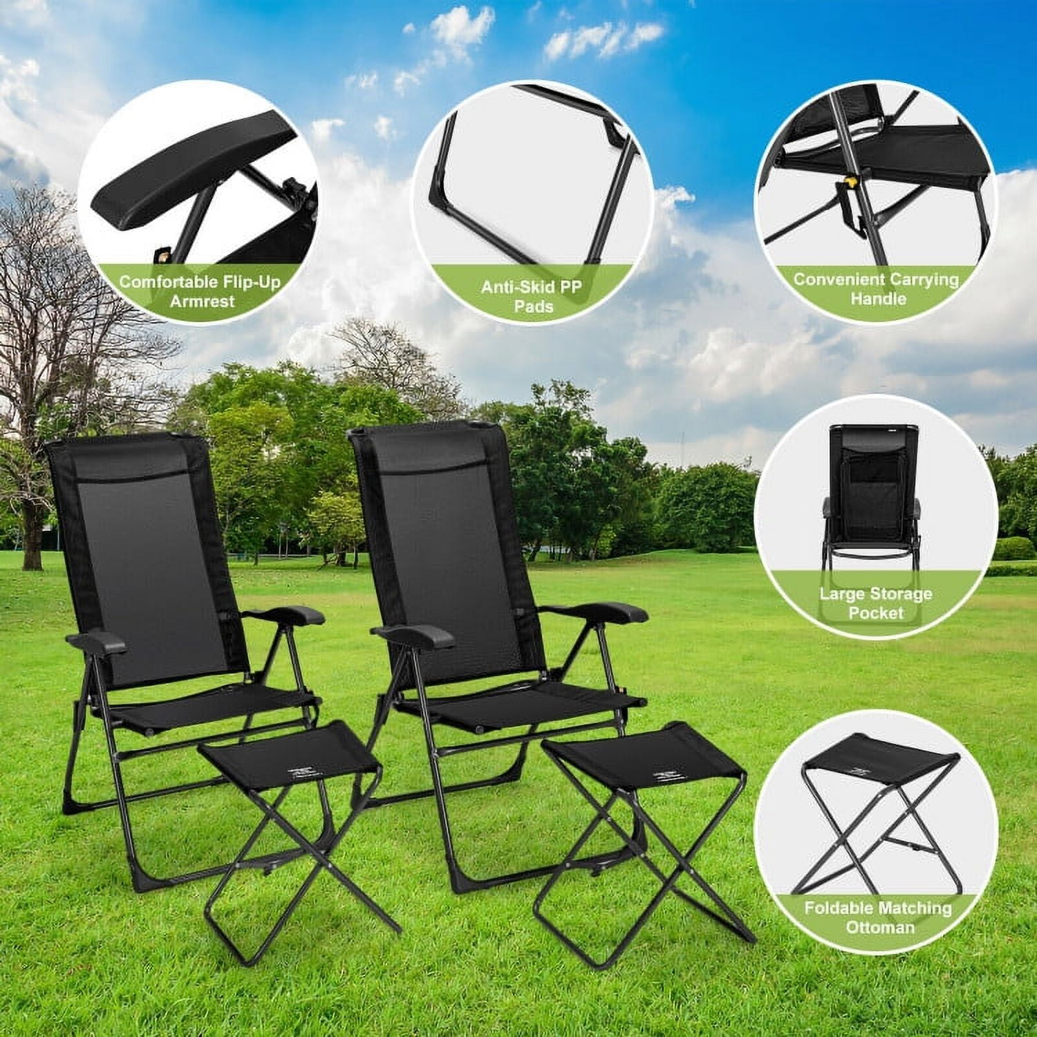 Aimee Lii 4 Pieces Patio Adjustable Back Folding Dining Chair Ottoman Set-Black, Outdoor Patio Set Aimee Lii 4 Pieces Patio Adjustable Back Folding Dining Chair Ottoman Set-Black, Outdoor Patio Set
