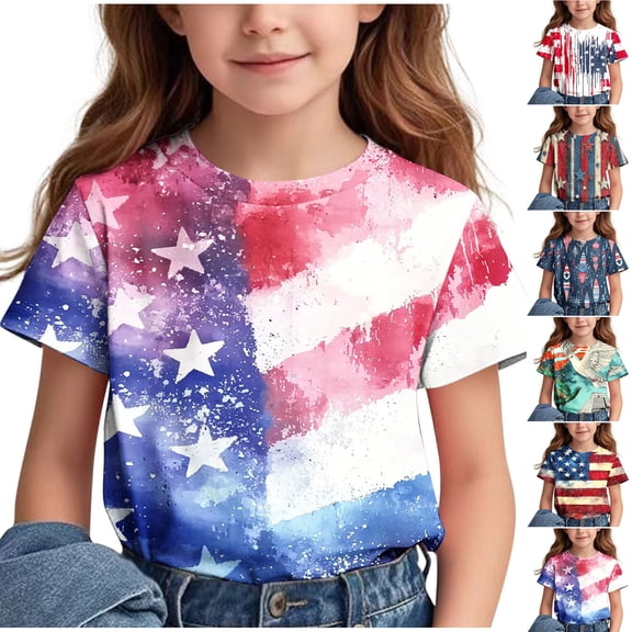 Jinhomg Toddler Girls Boys 4Th of July Shirts Patriotic American Flag Graphic Tees Casual Comfy Short Sleeve Crew Neck Holiday Tops Blue 5 Years