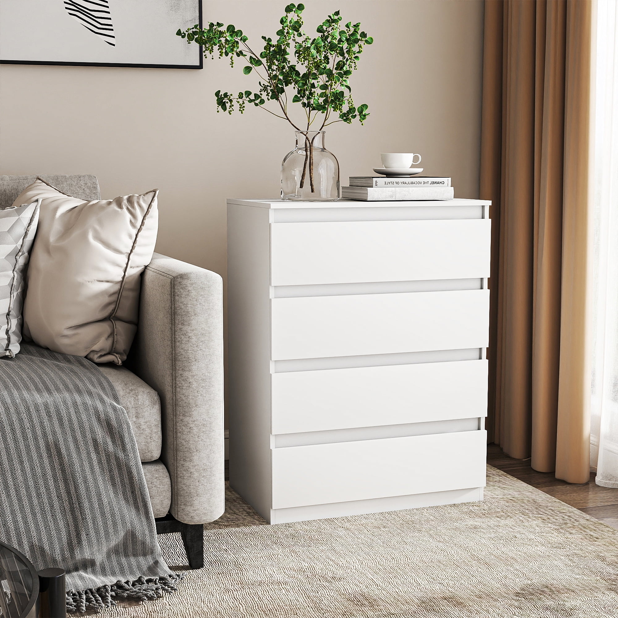 GVN Bedroom Dresser, Chest of Drawers, Modern Simple 4-Drawer Dresser for Bedroom, Living Room, White