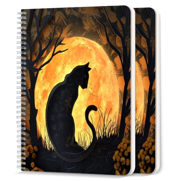 Spiral Notebook,College Ruled Journal,8.26" x 5.71" 50 Sheets/100 Pages,2 Pack - Black Cat Silhouette Sitting in Front of The Full Moon