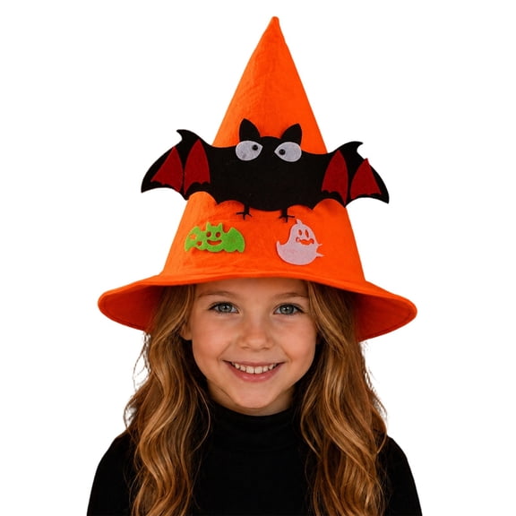 Venzia Kids Halloween Witch Hat, Pumpkin Face Wizard Hat for Boys Girls, Halloween Trick or Treat Party Accessory