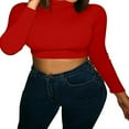thumbnail image 1 of Womens Long Sleeve Mock Neck Slim Fit Crop Stretchy Blouse Tee Blue L, 1 of 5