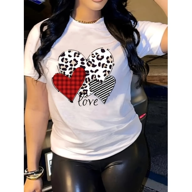 Heart Print Crew Neck T-Shirt Casual Short Sleeve Top for Spring & Summer Women's Clothing tee