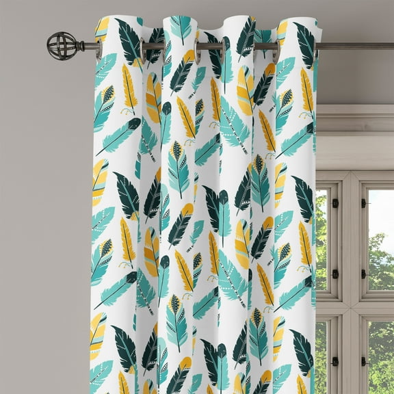 Ambesonne Feather Grommet Curtain Single Panel, Doodle Composition, 50"x60", Dark Blue Mustard