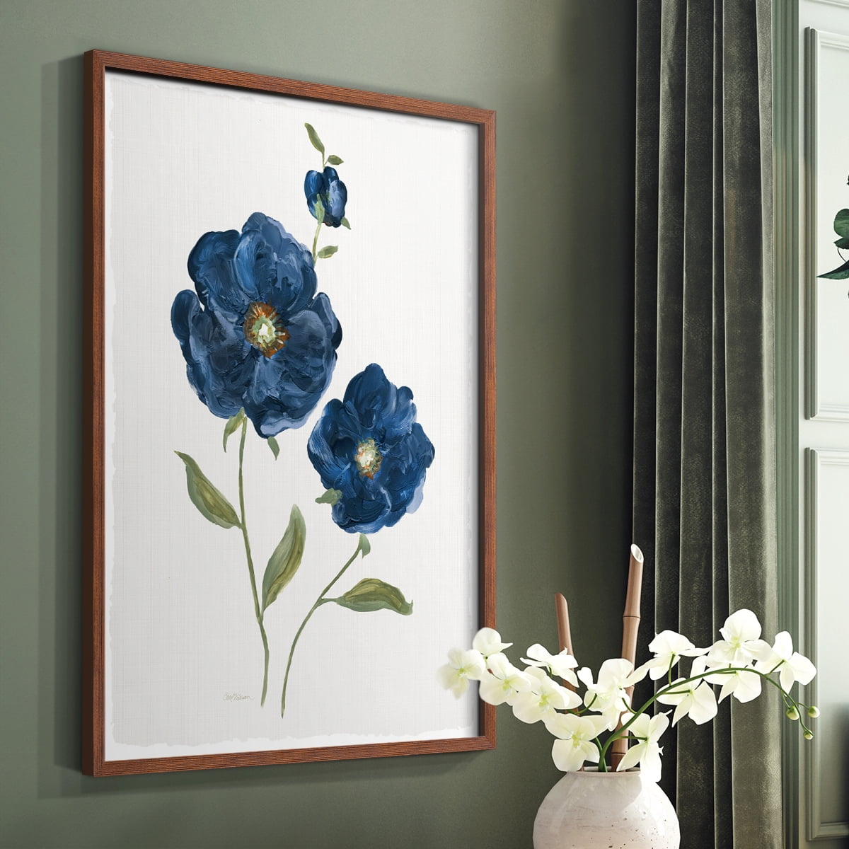 Blue Poppies Framed Print in Brown Solid Wood Framed Print No Nail Hanging