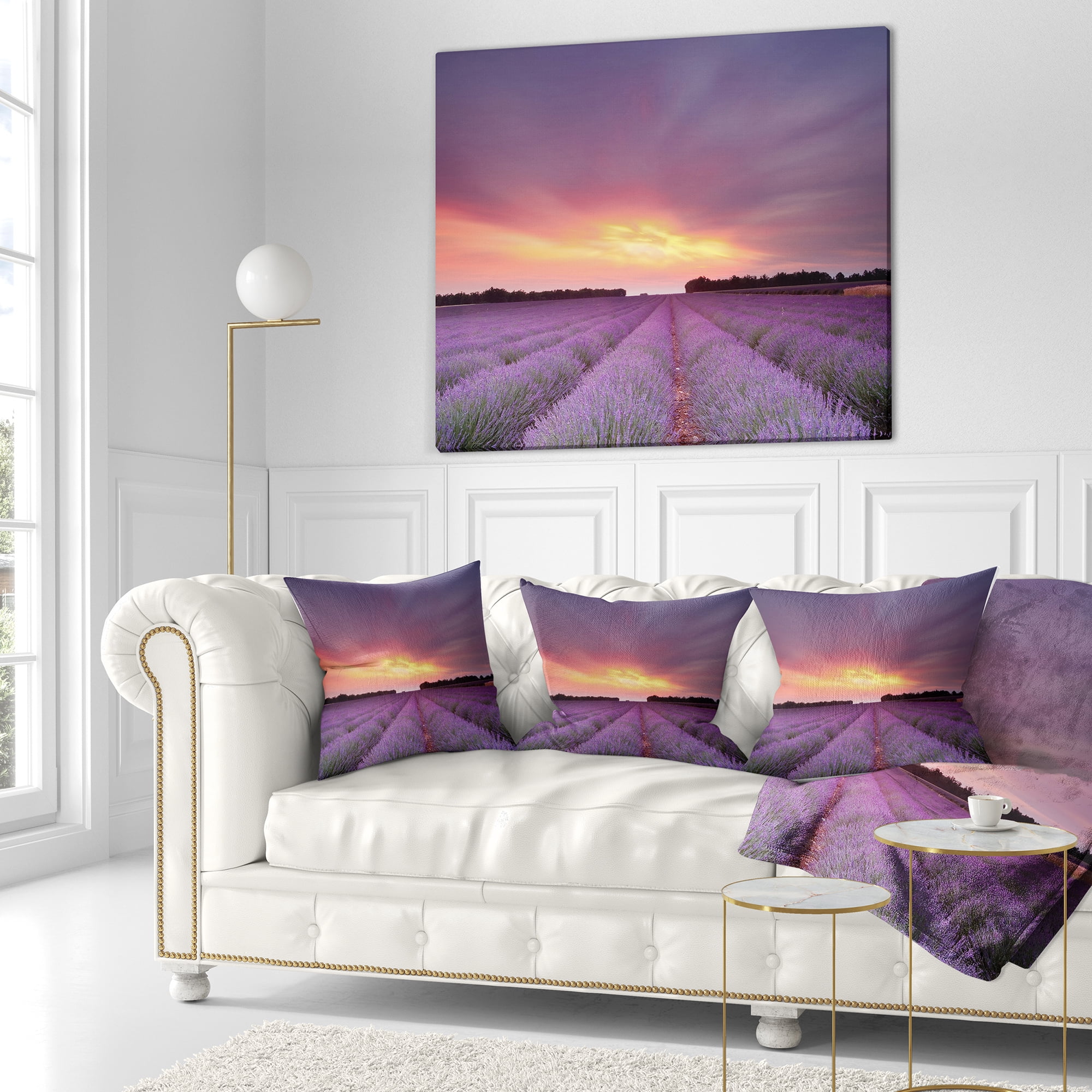 Designart Beautiful Sunset over Lavender Rows - Landscape Printed Throw Pillow - 16x16