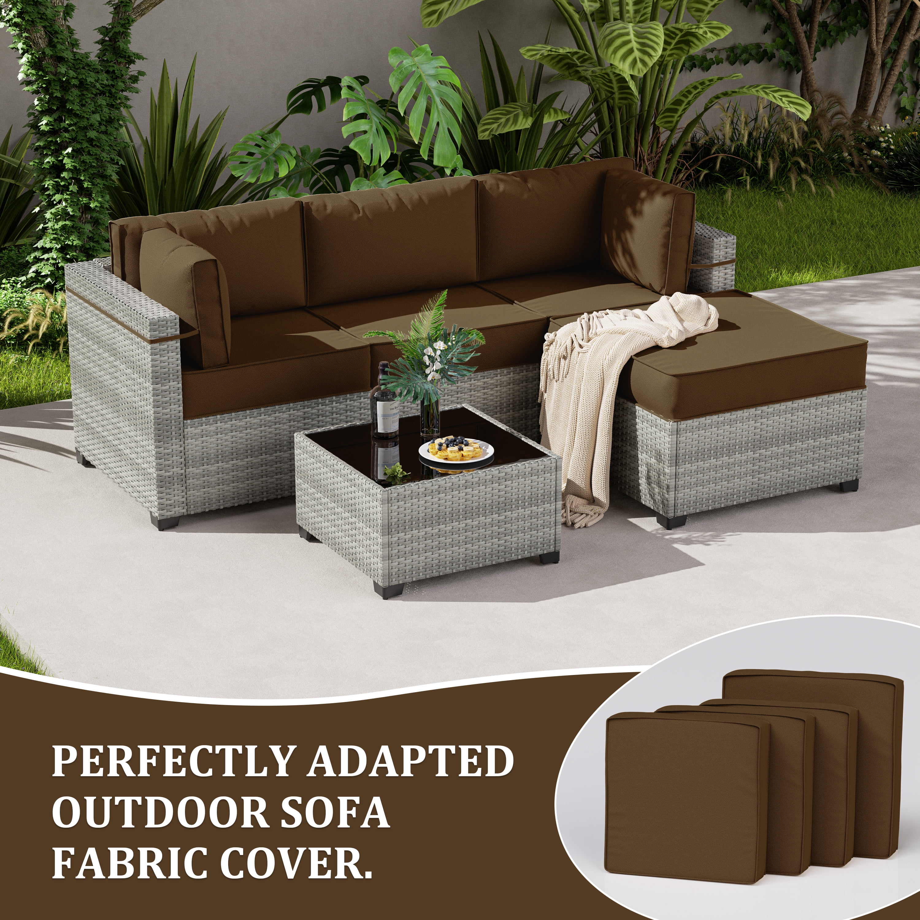 Snubbull Patio Furniture Cushions, Replacement Outdoor Cushions for 4-Seat Sectional Sofa,Waterproof & Zipped, Chocolate