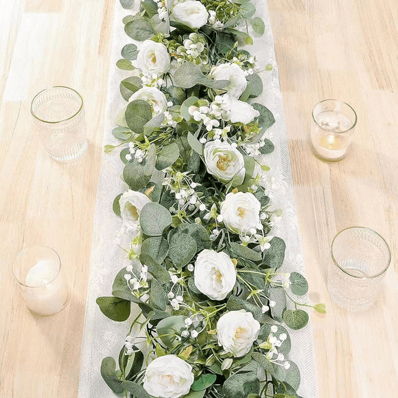 3 Pack 6Ft Artificial Eucalyptus Flower Garland with White Roses, Fake Rose Flower Greenery Garland Floral Vines for Wedding Home Party Table Runner Decor (3PCS, White)