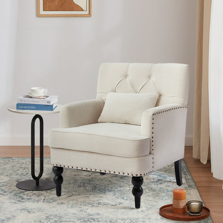 Cream White Polyester Accent Chair Velvet Armchair with Lumbar Pillow for Living Room