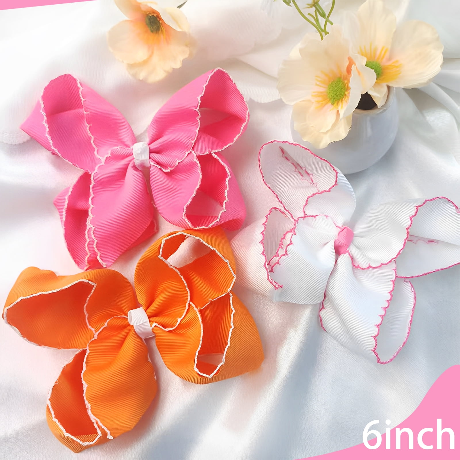 JoyBowie 12pcs 6 Inch Red Ruffled Hair Bows for Girls Toddlers, Satin Ribbon Hair Clips for Kids Party Daily Hairstyles