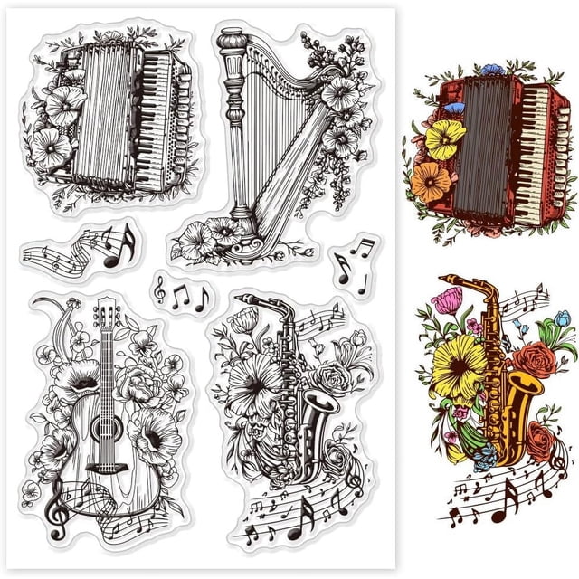 Sellos transparentes de instrumentos musicales florales: acordeón, arpa, saxofón, guitarra. Sellos de goma y silicona.