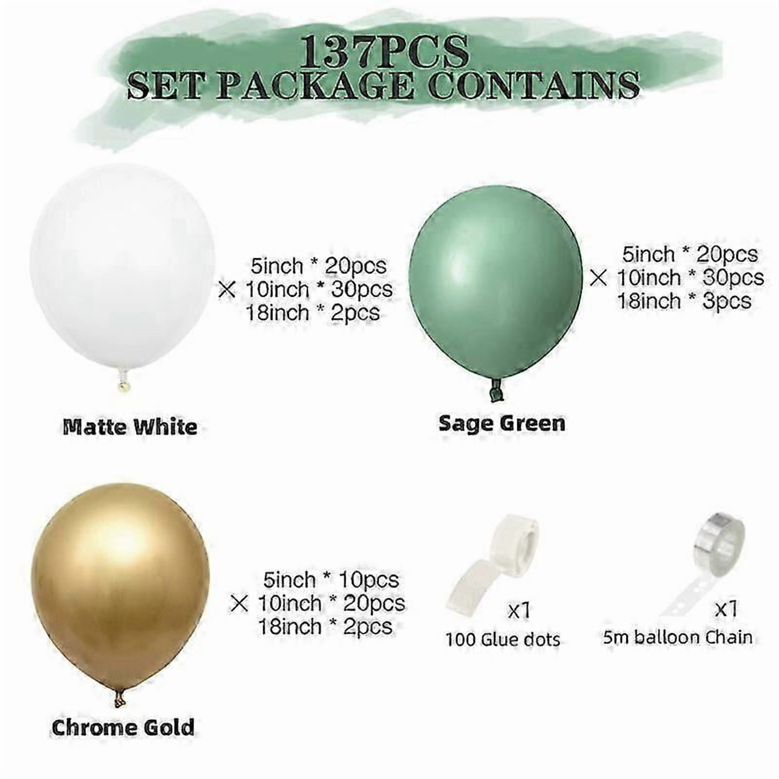 137PCS Green Balloon Arch Kit, Green White Balloon Arch with Sage Green Balloons Metallic Gold Balloons