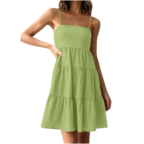 Mini vestido liso de playa bohemio con pliegues multicapa sin mangas suelto a la moda para mujer Fridja hj1905