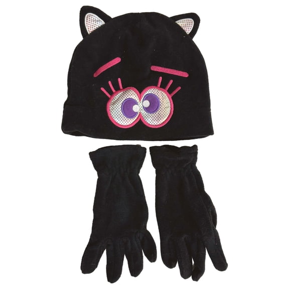 Girls Fleece Black Kitty Cat Beanie Stocking Cap Hat & Gloves Set