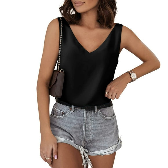 Clearance Sale! Satin Tank Tops for Women Loose Fit Sleeveless V Neck Cami Camisole Blouses Shirt Top Summer Basic Tops for Women 2025 Black S