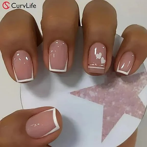 CurvLife Pink Heart French Press-On Nails - 24PCS Short Square, Minimalist Line Design, Non-Toxic & Reusable