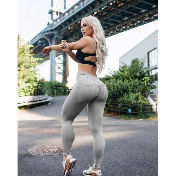 Europe and the United States cross-border for yoga fitness stretch high  waist pants pocket tight yoga pants women gray L 