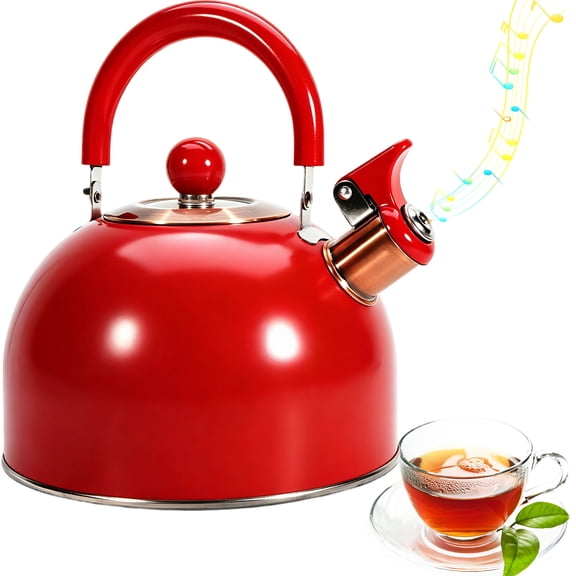 Teupoa 2.64 QT Whistling Tea Kettle for Stovetop, Vibrant Red Stainless Steel Teapot with Foldable Handle