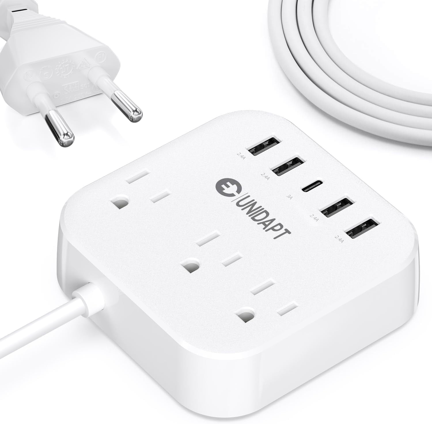 European , US to UK Europe Power Strip for EU/UK/US with USB C and 4 USB Ports, 3 AC Outlets, Wall Mountable, 5ft Extension Cord, for Travel Cruise Ship Home