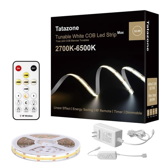 Tatazone 32.8ft Tunable White COB Led Strip Light with RF Remote, CRI93+ Dimmable CCT 2700K-6500K COB Led Tape Lights, Adhesive H