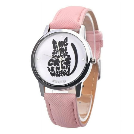 LINEL Women's Cat Watch Time Spent With Cats is Never Wasted Message Watch Pink Faux Leather Band Wristwatch