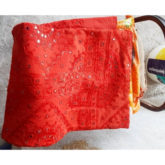 ShreeBedding Decor Art Deco Amber Fort Palace Red Traditional & Luxury Cotton With Silk Bedspread, King - Hand Mirror Stitched Work, Luxury & Ethnic