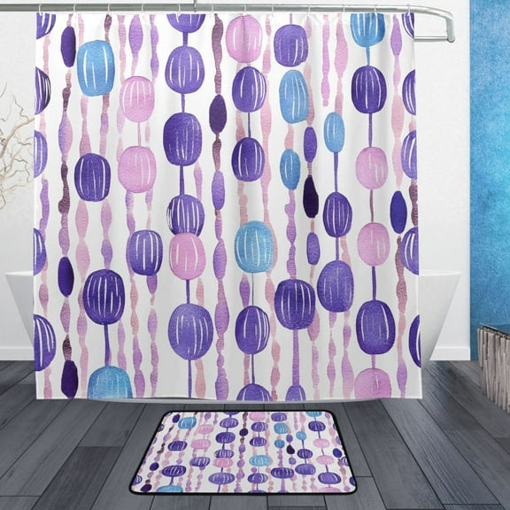 Purple and Blue Bead Pattern Bathroom Accessory Sets Waterproof Shower Curtain with Anti-Slip Bath Mat Durable Combo