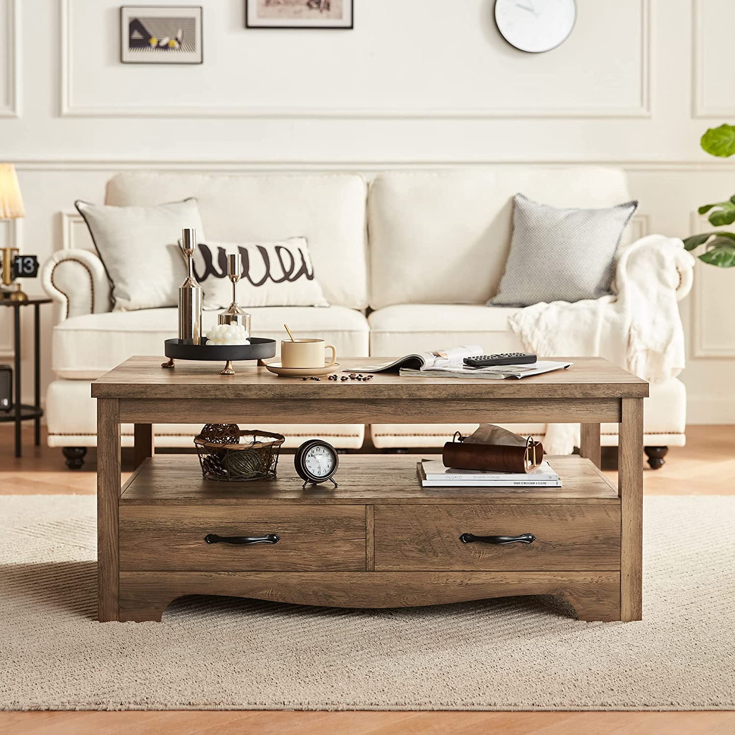 LINSY HOME Coffee Table with Storage Drawers, Wooden Farmhouse TV Stand Center Table for Living Room, Brown